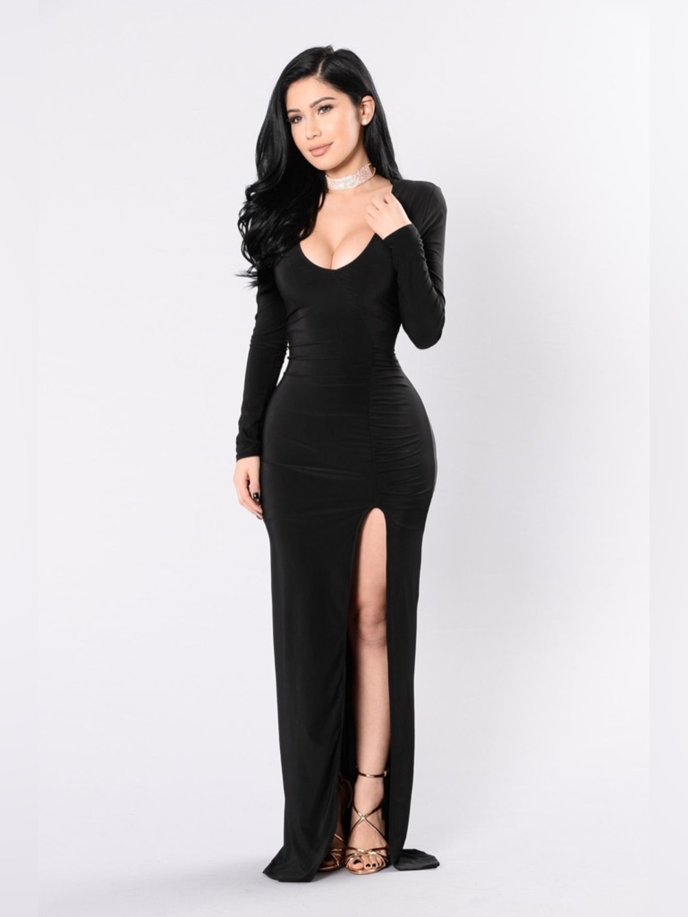 Fashion Nova Black Long Sleeve Maxi Dress with Thigh Slit